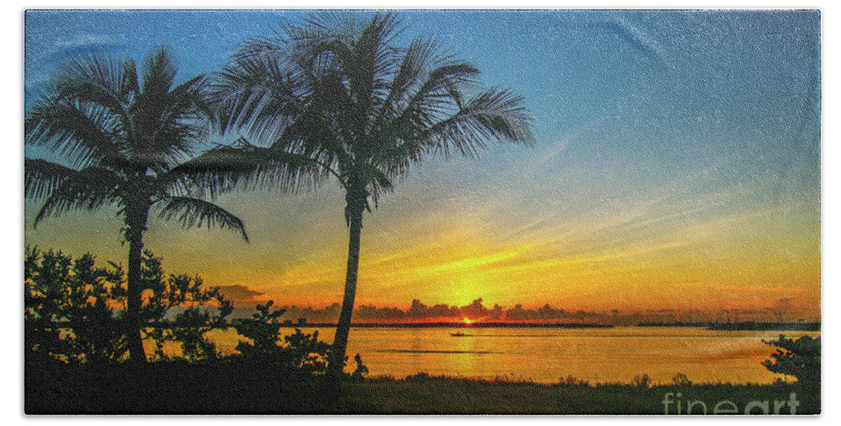Sun Bath Towel featuring the photograph Palm Tree and Boat Sunrise by Tom Claud