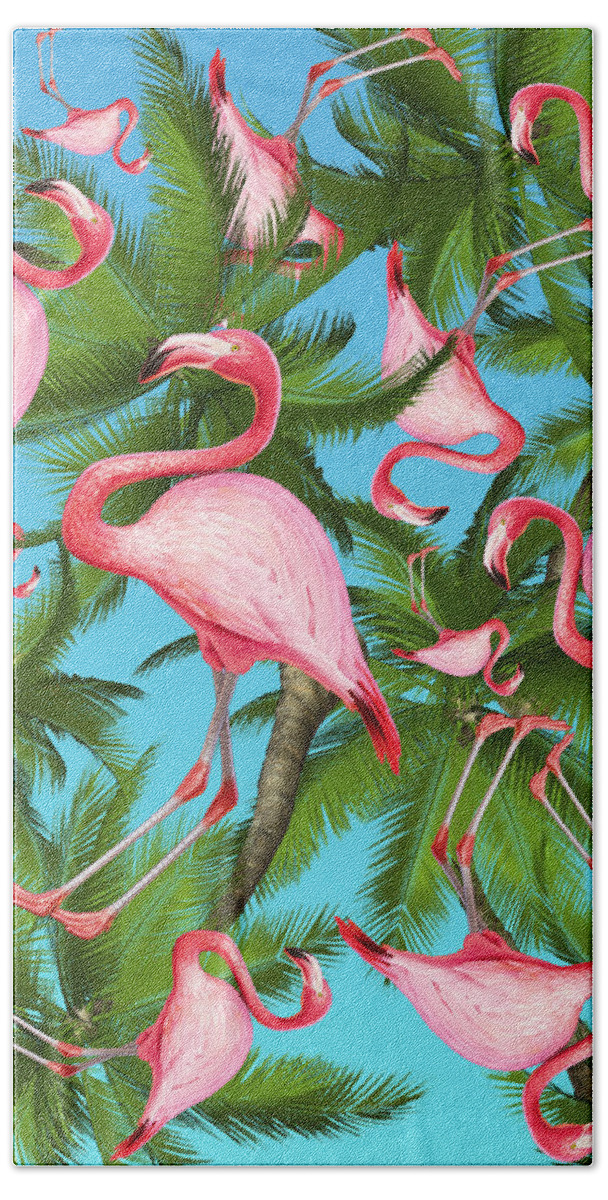  Summer Bath Towel featuring the digital art Palm tree and flamingos by Mark Ashkenazi