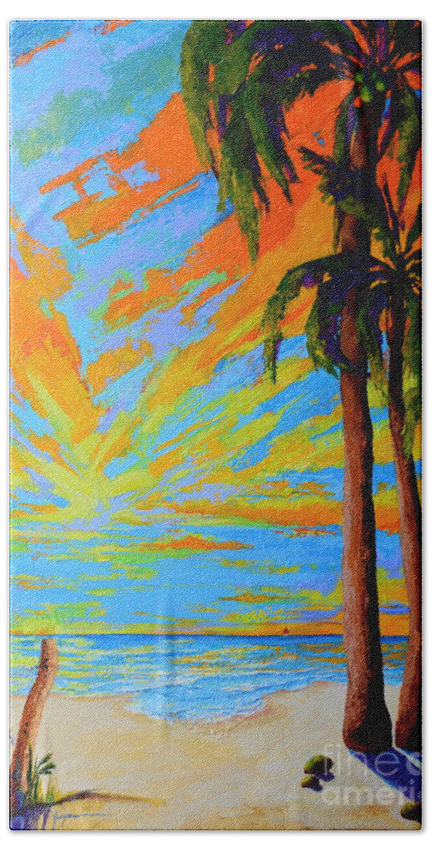 Florida Palm Trees Bath Towel featuring the painting Florida Palm Trees, Tropical Beach, Colorful Sunset Painting by Patricia Awapara