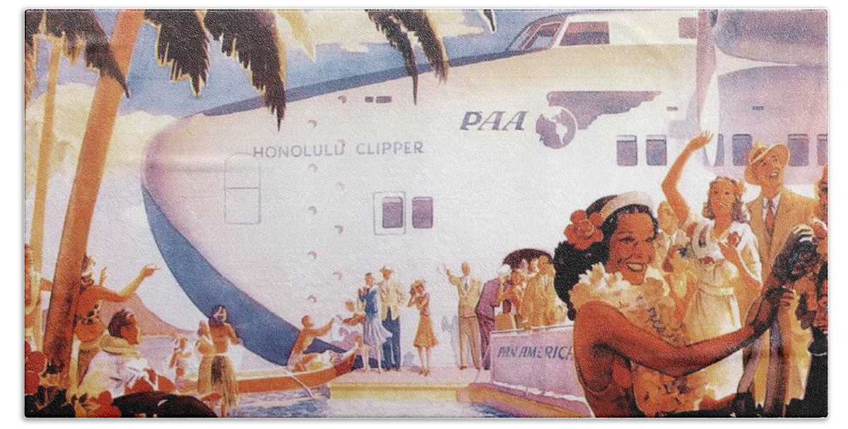 Pan American Hand Towel featuring the mixed media Pan American Airways - Hawaiians Greeting People - Retro travel Poster - Vintage Poster by Studio Grafiikka