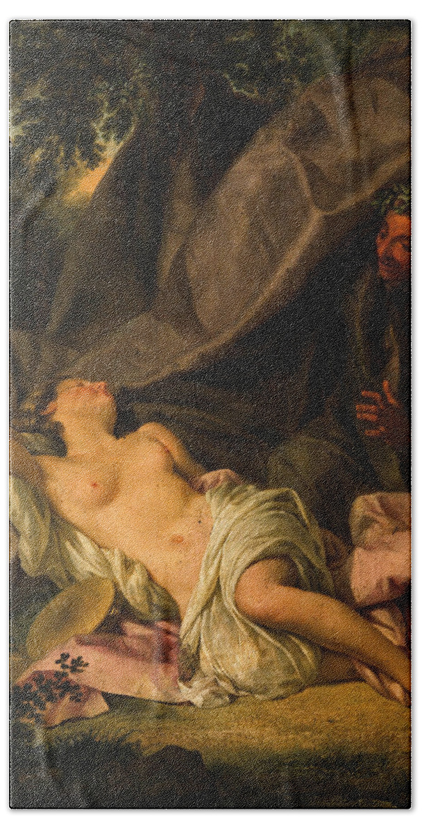 French School Bath Towel featuring the painting Pan spying on a sleeping nymph by French School