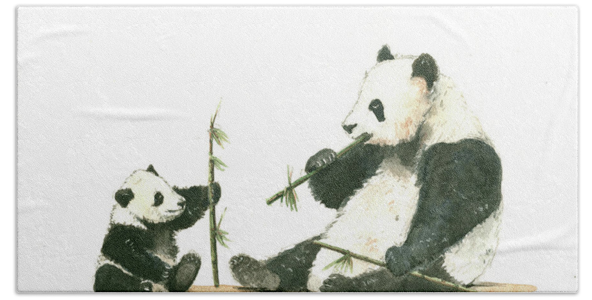 Panda Hand Towel featuring the painting Panda family eating bamboo by Juan Bosco
