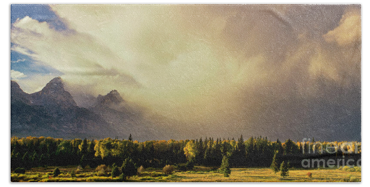 North America Bath Towel featuring the photograph Panorama Clearing Storm over the Grand Tetons by Dave Welling