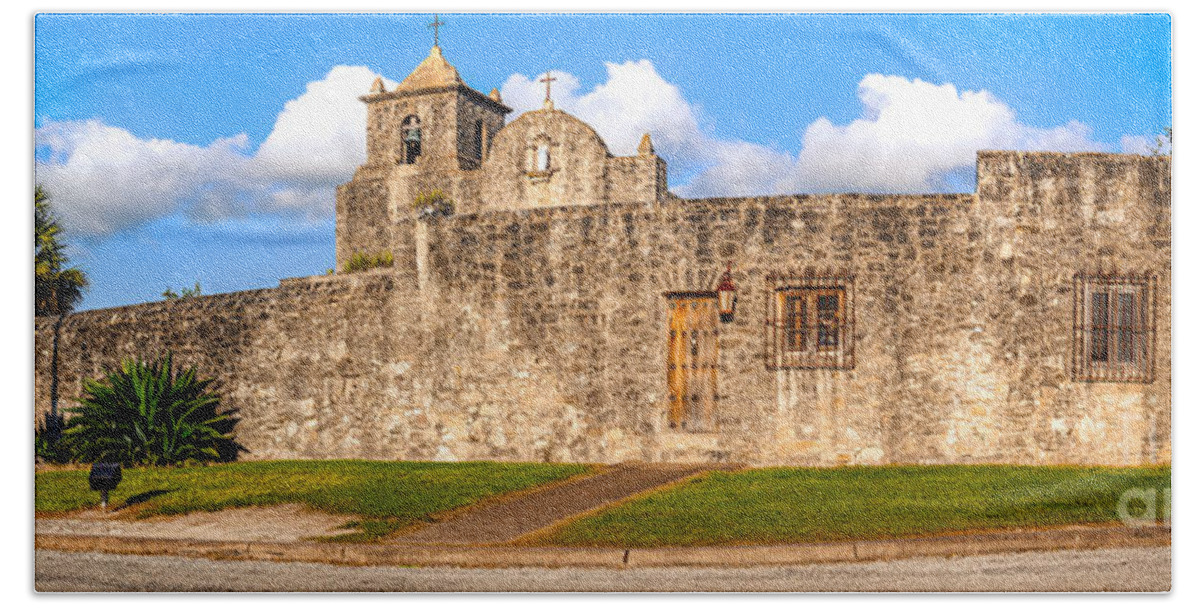 Presidio Hand Towel featuring the photograph Panorama of Presidio La Bahia Museum and Loreto Chapel in Goliad - Texas Coastal Bend by Silvio Ligutti