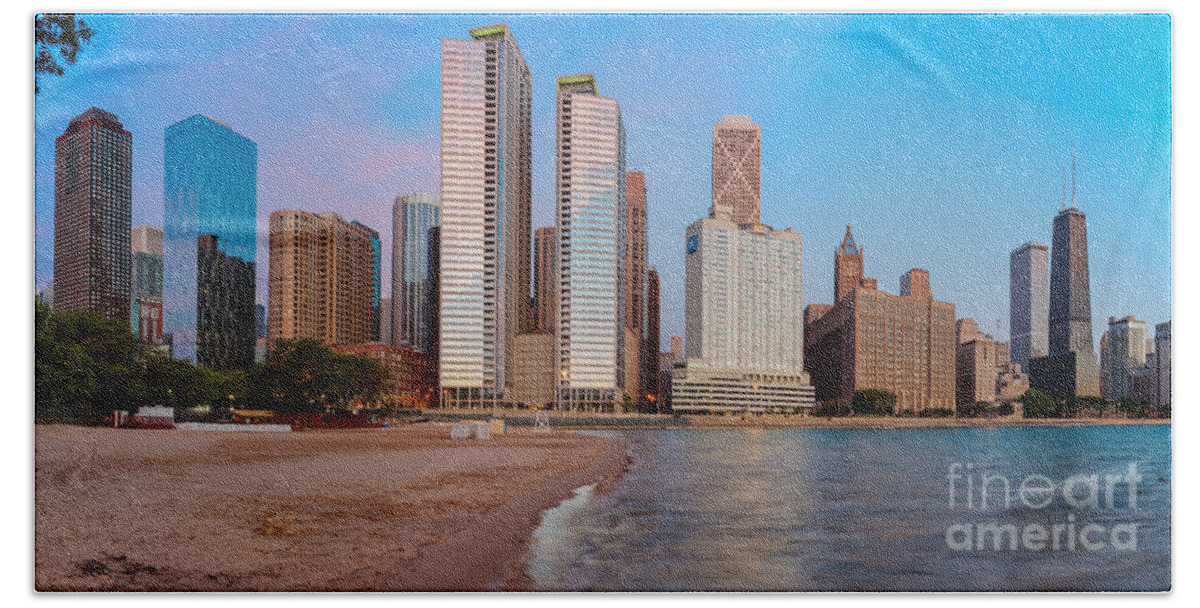 Windy Bath Towel featuring the photograph Panorama of the Chicago Skyline from Milton Lee Olive Park at Sunrise - Chicago Illinois by Silvio Ligutti