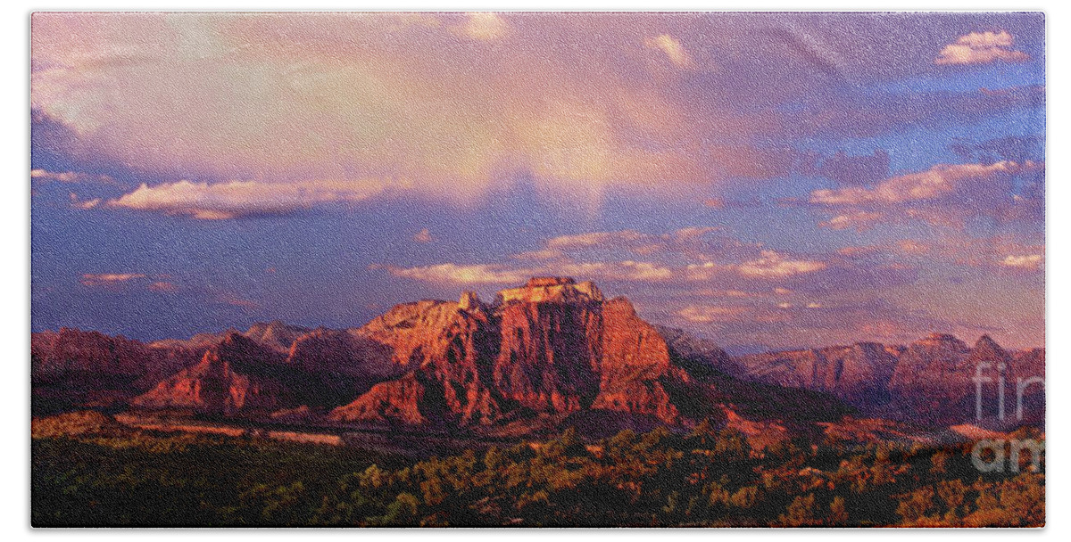 North America Hand Towel featuring the photograph Panorama West Temple at Sunset Zion Natonal Park by Dave Welling
