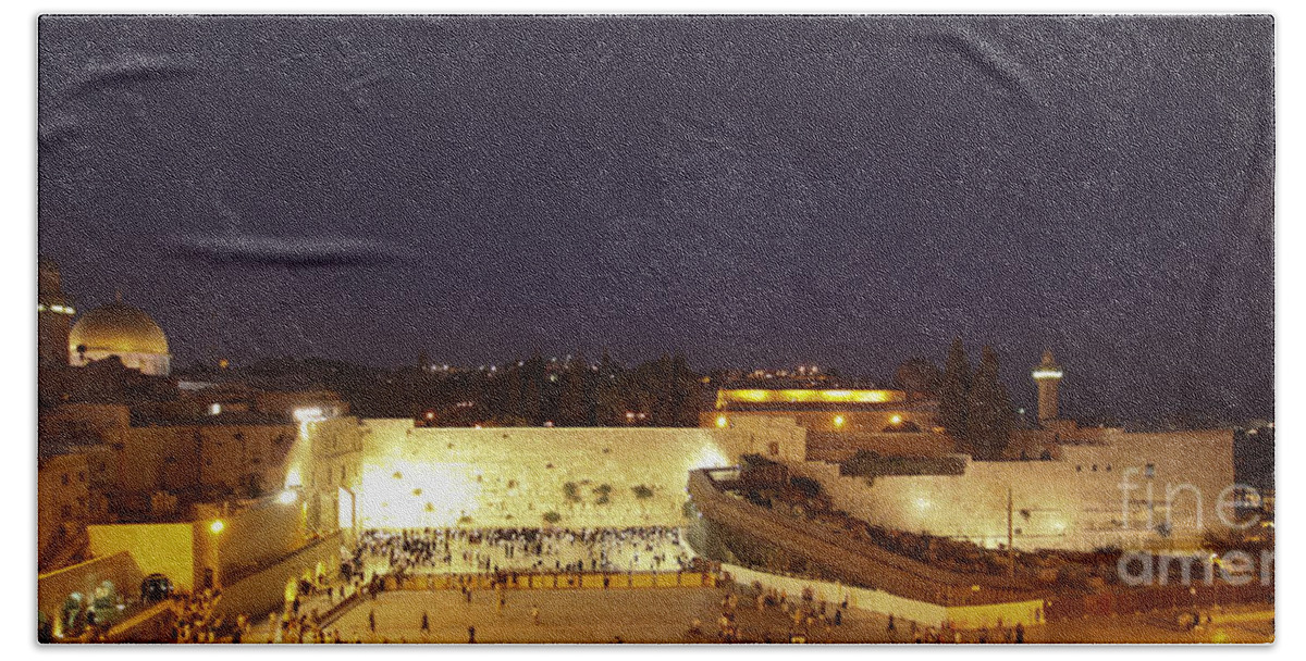 Israel Bath Towel featuring the photograph Panoramic night view of the Wailing Wall by Alon Meir
