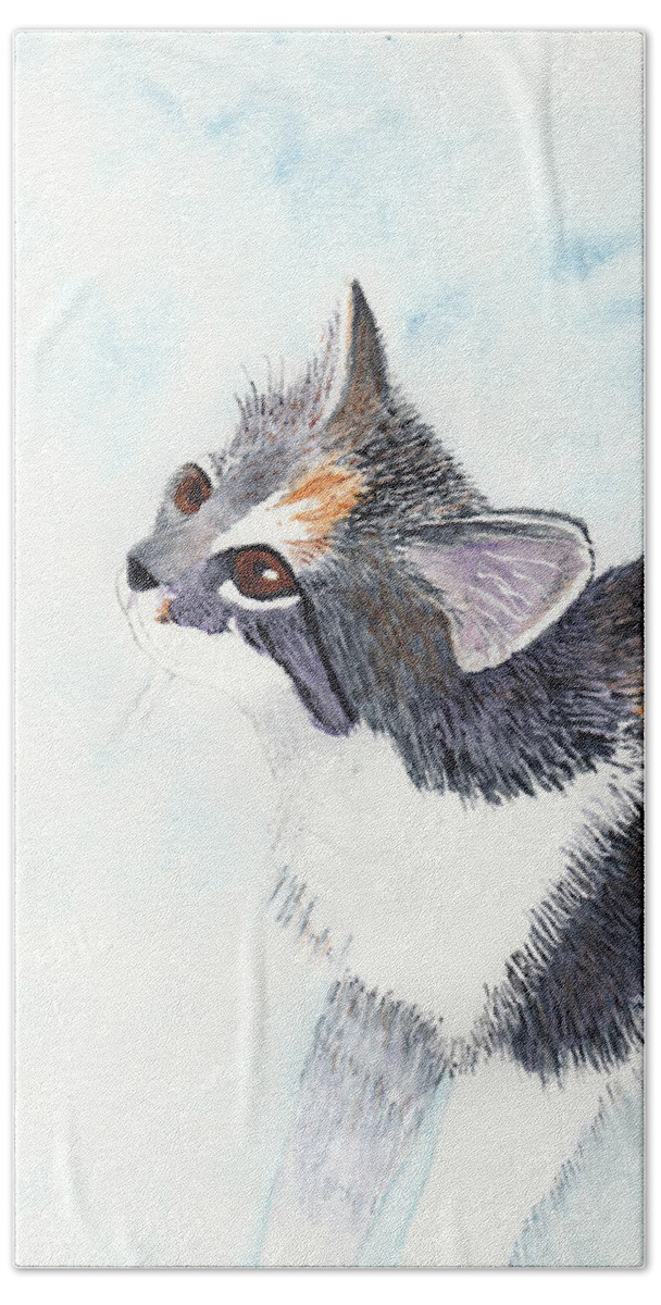 Cat Hand Towel featuring the painting Calico Barn Cat Watercolor by Conni Schaftenaar