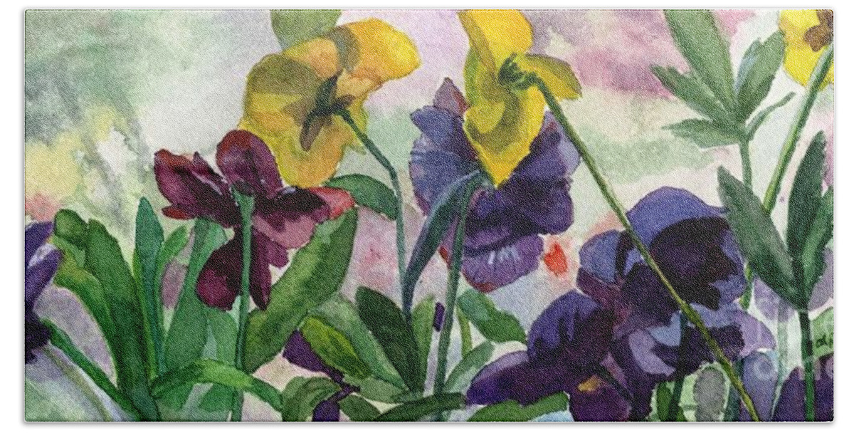 Pansy Hand Towel featuring the painting Pansy Field by Lynne Reichhart