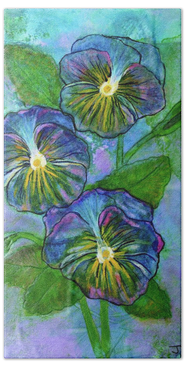 Spring Hand Towel featuring the painting Pansy on Water by Janet Immordino