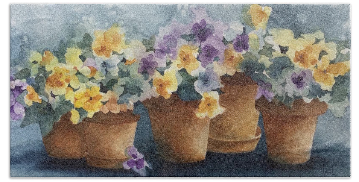 Pansies Bath Towel featuring the painting Pansy Pots by Lael Rutherford