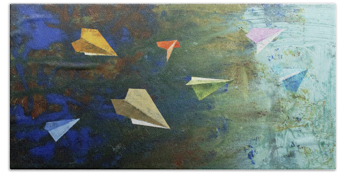 Origami Bath Towel featuring the painting Paper Airplanes by Michael Creese