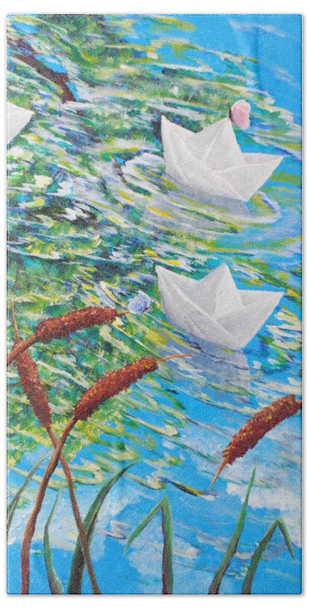 Boats Paper Game Blue Lake Pond Sunny Bamboos Landscape Colorful Butterflies Grass Hand Towel featuring the painting Paper Boats by Medea Ioseliani