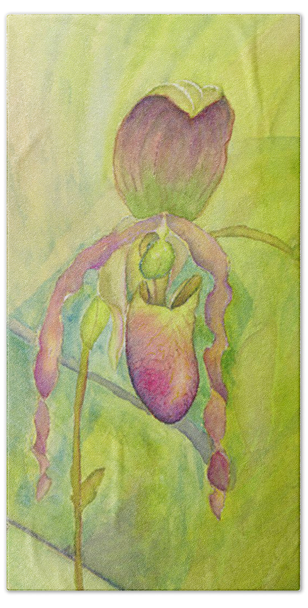 Tropical Bath Towel featuring the painting Paphiopedilum Pollination-Where is the fly? by Lisa Debaets
