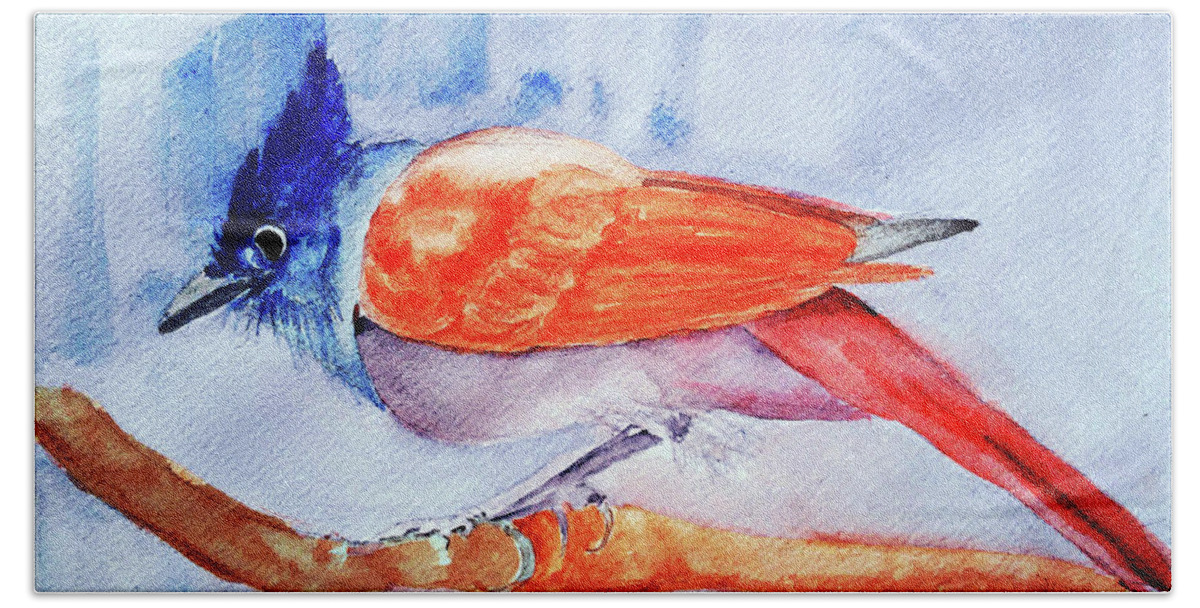 Paradise Flycatcher Bath Towel featuring the painting Paradise Flycatcher by Jasna Dragun