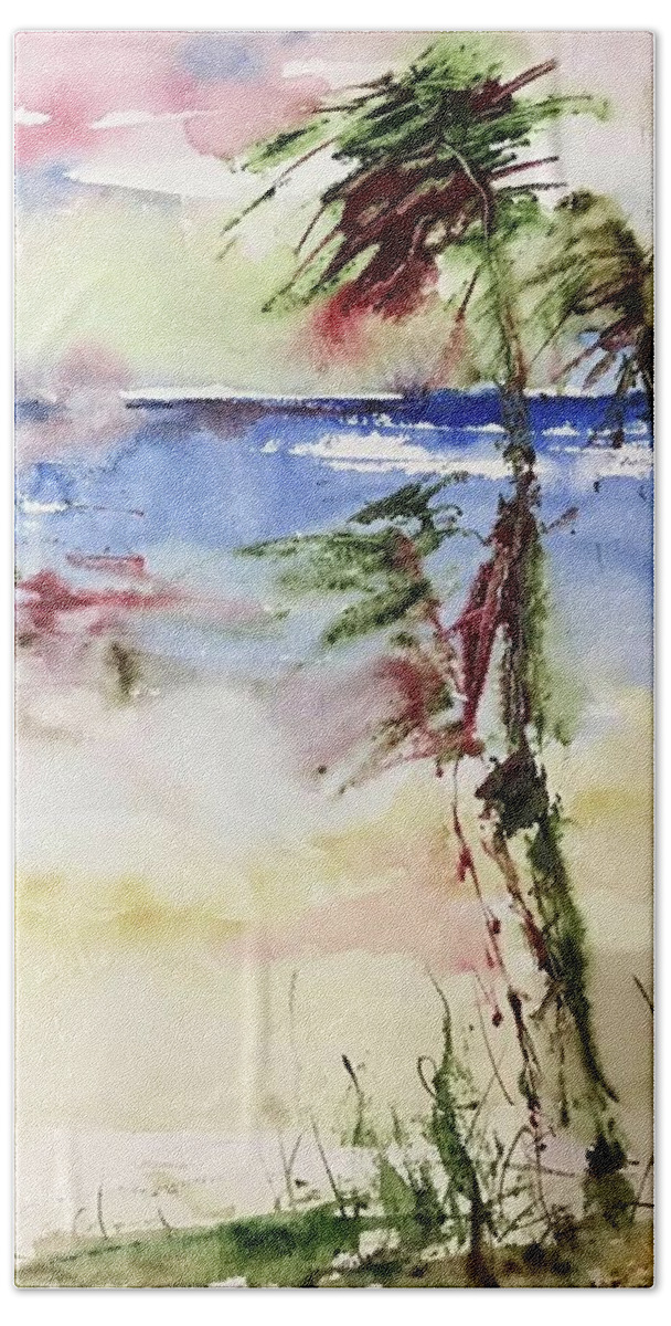 Island Hand Towel featuring the painting Paradise Palms by Robin Miller-Bookhout