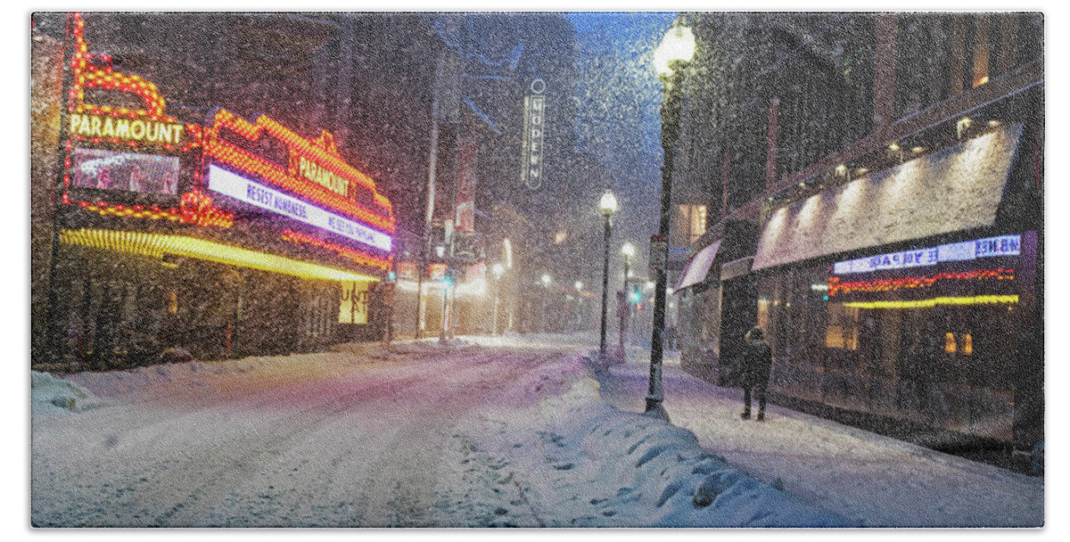 Boston Bath Towel featuring the photograph Paramount Snowstorm Boston MA Washington Street by Toby McGuire