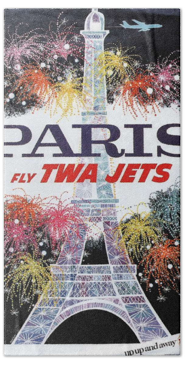 Paris Hand Towel featuring the mixed media Paris - TWA Jets - Trans World Airlines - Eiffel Tower - Retro travel Poster - Vintage Poster by Studio Grafiikka