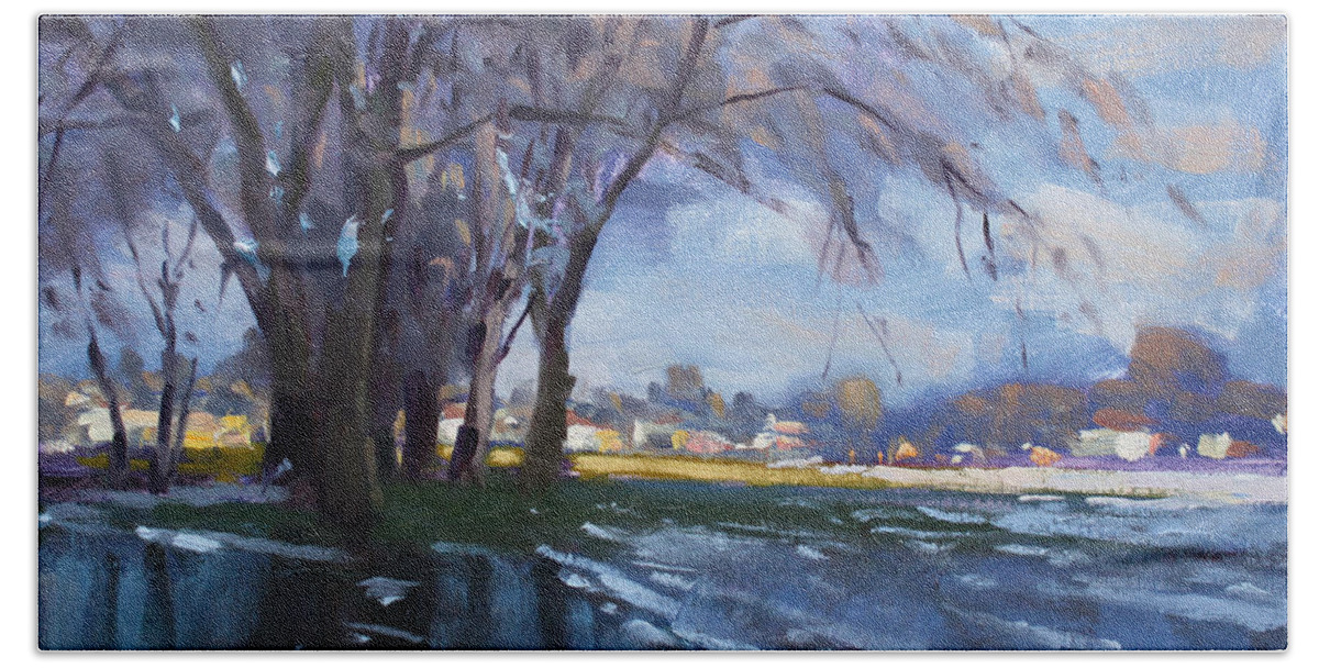 Park Hand Towel featuring the painting Park Flooding from Snow Melt by Ylli Haruni