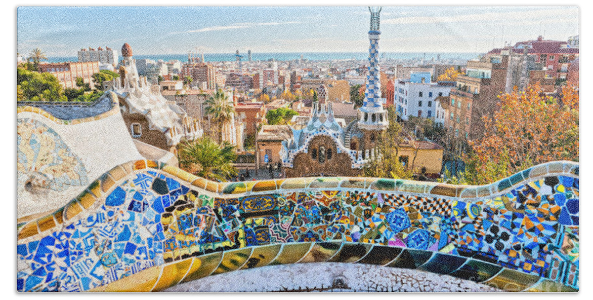 Architecture Bath Towel featuring the photograph Park Guell Barcelona by Luciano Mortula