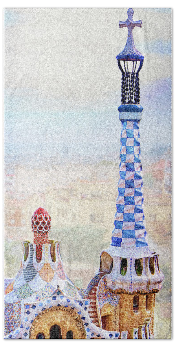 Park Guell Hand Towel featuring the photograph Park Guell candy House Tower - Gaudi by Weston Westmoreland