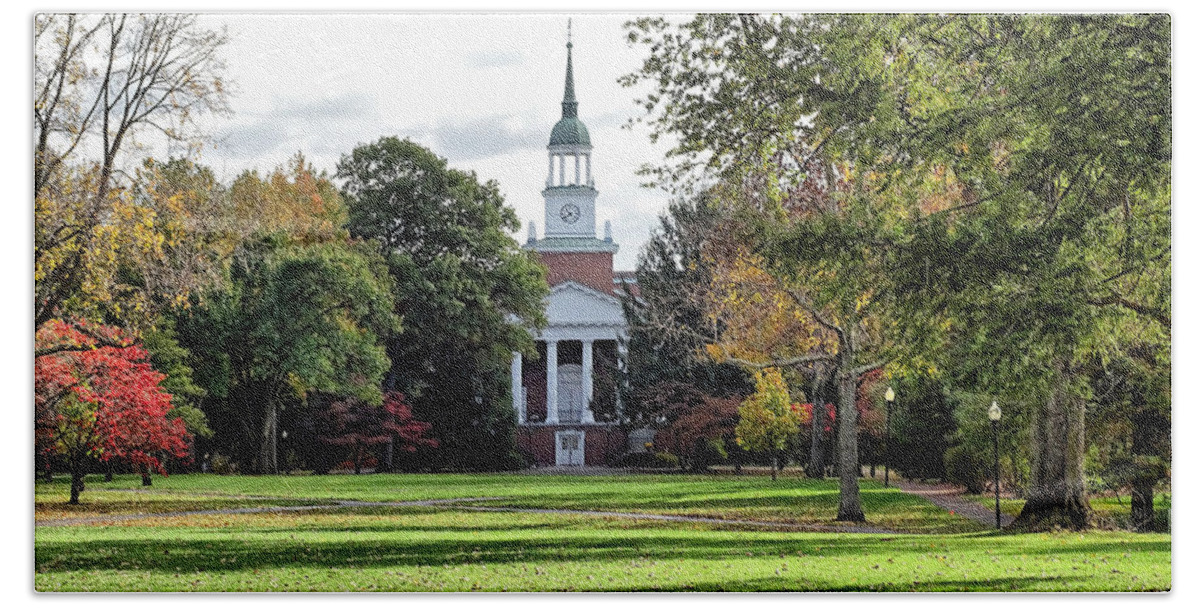 Parker Hall Hand Towel featuring the photograph Parker Hall - Hanover College by Sandy Keeton