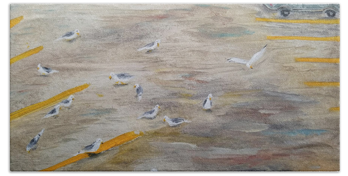 Seagulls Bath Towel featuring the painting Parking Lot Attendants by Judith Rhue