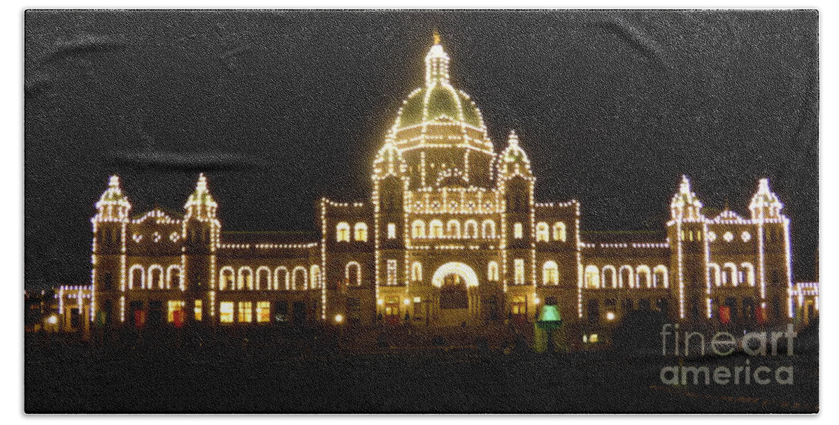 Victoria Bath Towel featuring the photograph Parliament Building at Night - Victoria British Columbia by Charles Robinson