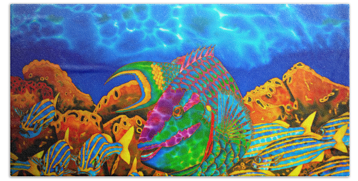 Stoplight Parrotfish Bath Towel featuring the painting Parrotfish and smallmouth grunt by Daniel Jean-Baptiste