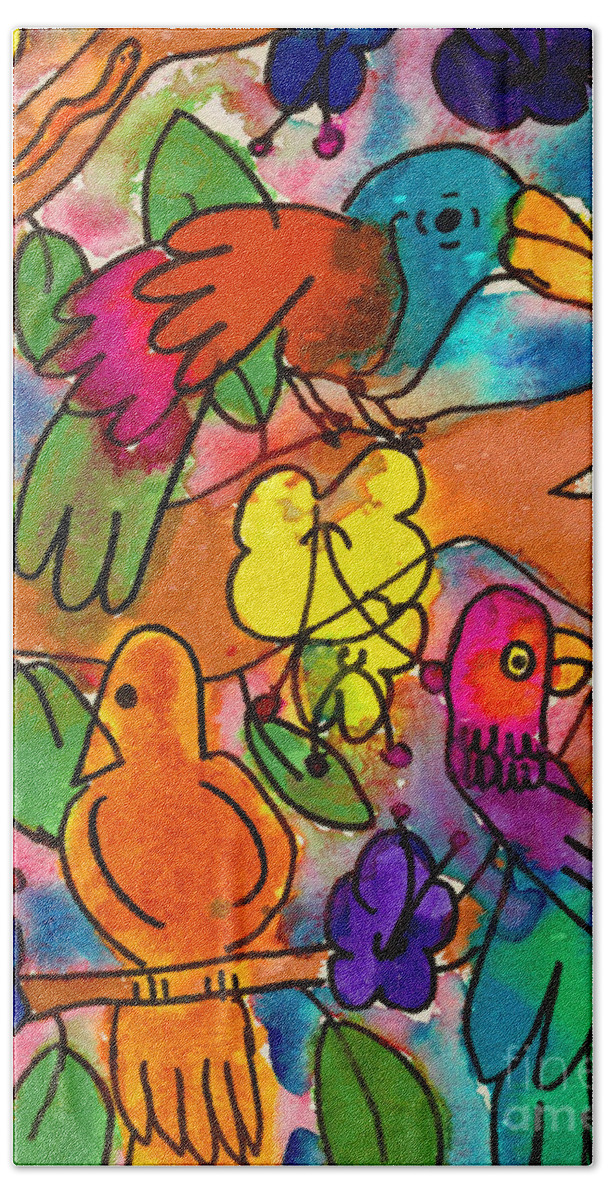 Birds Bath Towel featuring the painting Parrots by Nick Abrams Age Nine