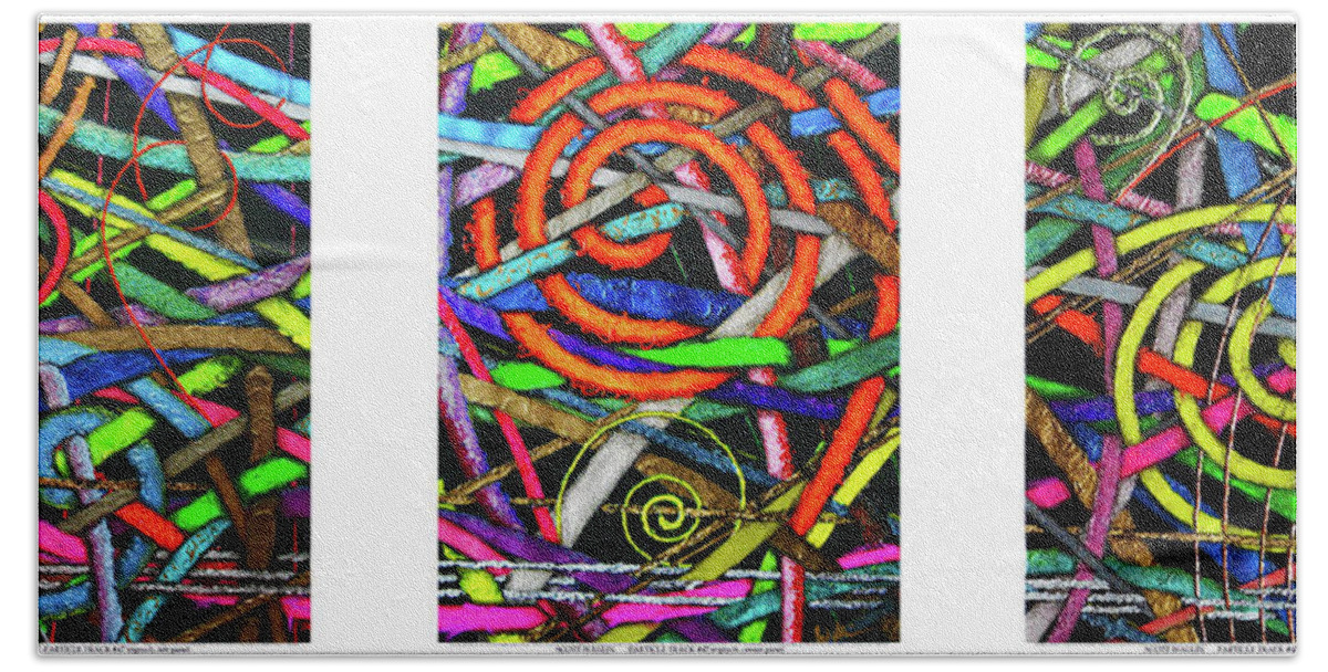 Abstract Bath Towel featuring the painting Particle Track Forty-seven Triptych by Scott Wallin