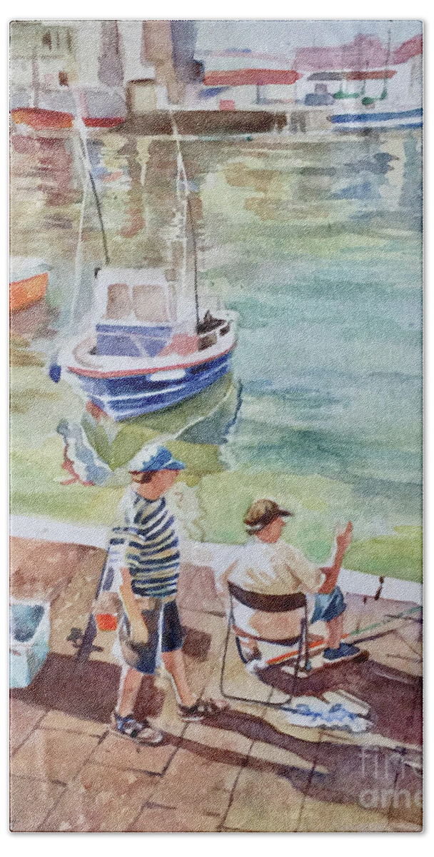 Watercolor Hand Towel featuring the painting Partie de Peche by Francoise Chauray