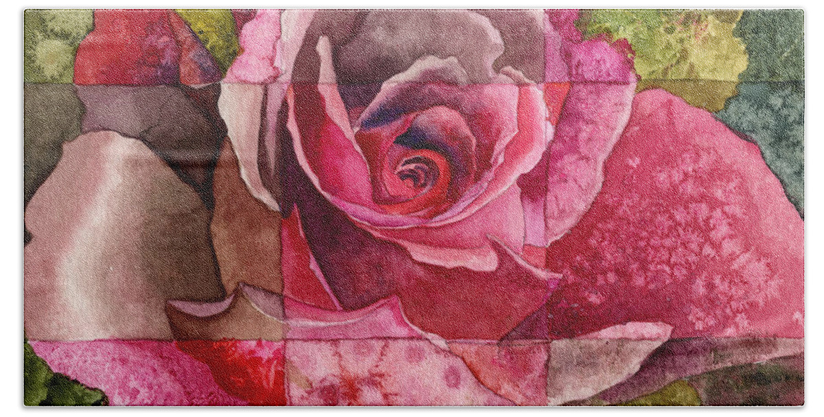 Red Rose Painting Hand Towel featuring the painting Partitioned Rose III by Anne Gifford