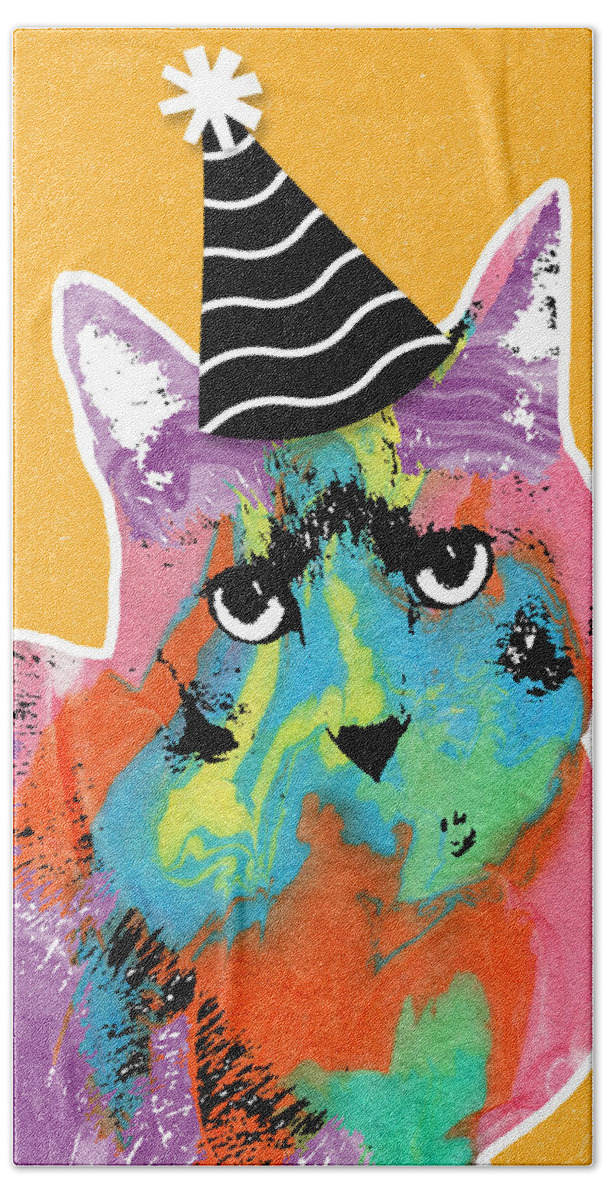 Cat Hand Towel featuring the mixed media Party Cat- Art by Linda Woods by Linda Woods
