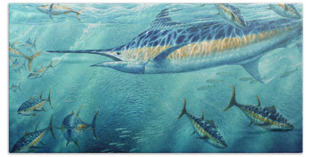 Blue Marlin Paintings Bath Towel featuring the painting Party Crasher by Guy Crittenden