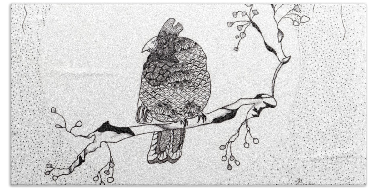 Cardinal Hand Towel featuring the drawing Party Time in Birdville by Jan Steinle