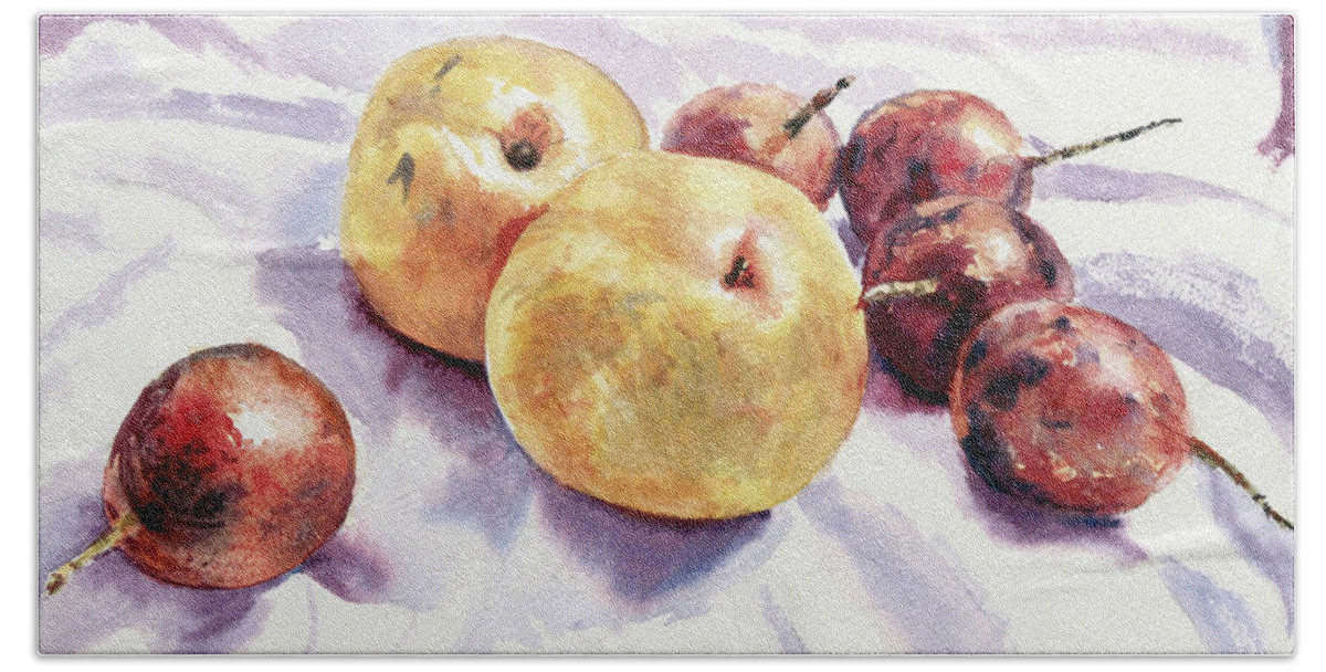 Korean Pear Hand Towel featuring the painting Passion Fruits and Pears by Joey Agbayani