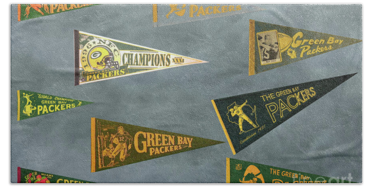 Green Bay Bath Towel featuring the digital art Past packers Pennants by Steven Parker
