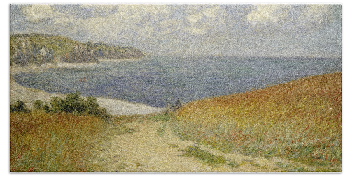 Path In The Wheat At Pourville 1882 (oil On Canvas) By Claude Monet (1840-1926) Chemin Dans Les Bles At Pourville; Seine-maritime; Coast; Sea; Bay; Landscape; Fields; Country; Impressionist; Meadow; Field; Coastal; Monet Beach Shore Shoreline Coast Coastal Monet Impressionism Sea Seas Ocean Seaside Water Bay Quay Seascape Seascapes Ocean Nautical Marine Marina Maritime Seafaring Pier Wharf Jetty Sail Sailboat Sailboats Sailing Navy Naval Yacht Yachts Monet Bath Sheet featuring the painting Path in the Wheat at Pourville by Claude Monet