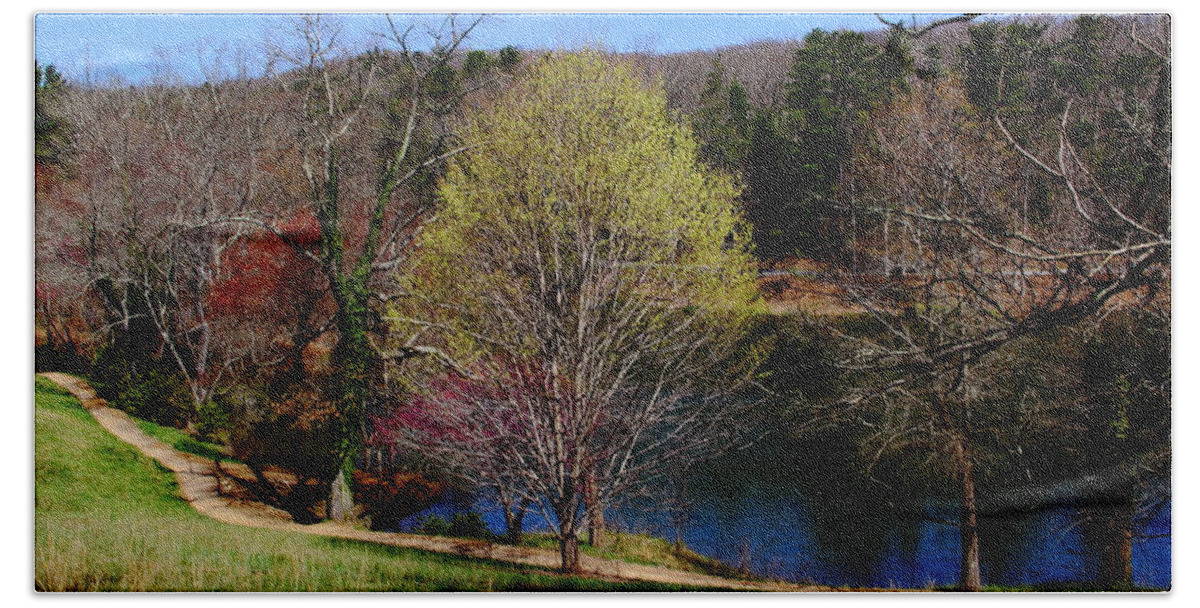 Pathway Bath Towel featuring the photograph Pathway Beside Still Water by Allen Nice-Webb