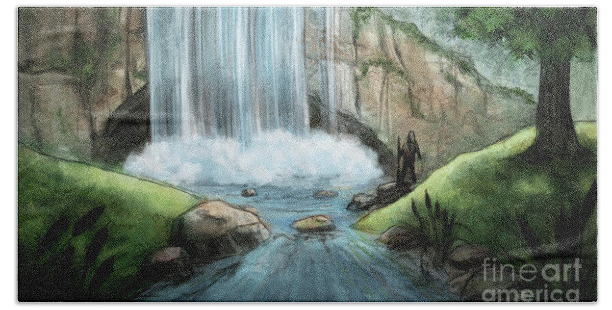 Native American Hand Towel featuring the painting Pathways - Waterfall by Brandy Woods