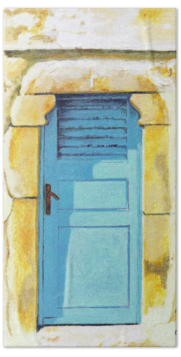 Door Hand Towel featuring the painting Patmos Door by Carol McCarty