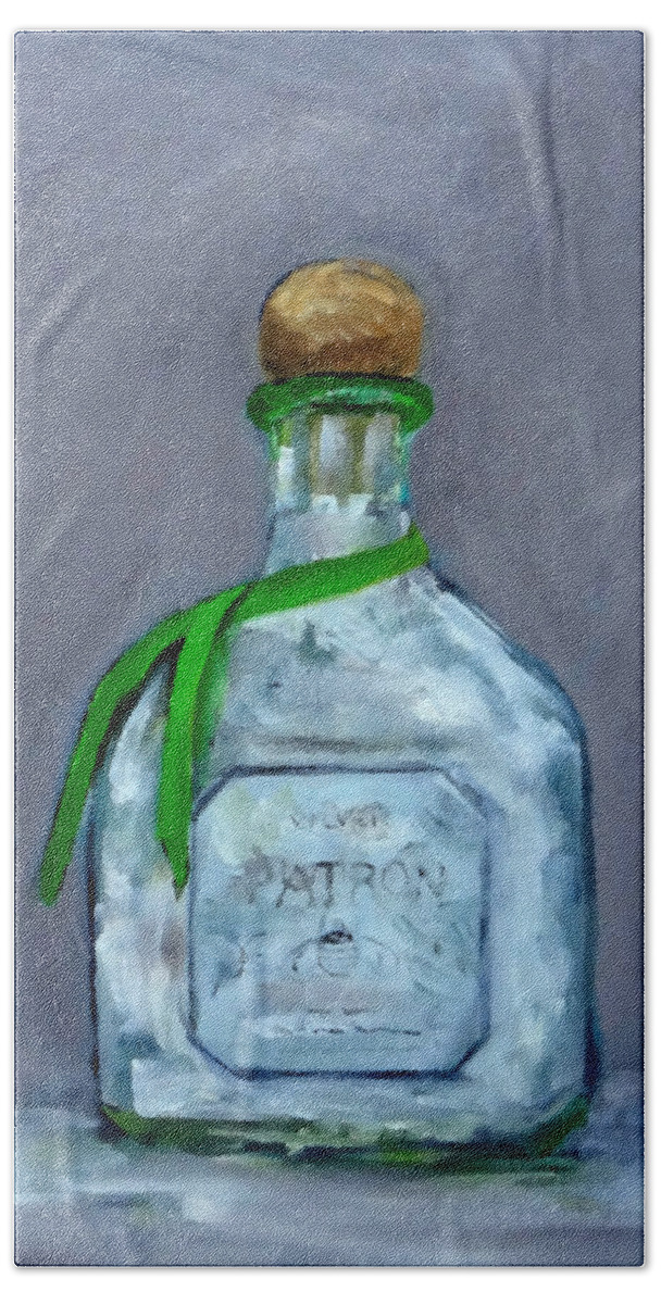 Man Cave Hand Towel featuring the painting Patron Silver Tequila Bottle Man Cave by Katy Hawk