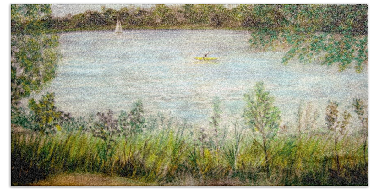 Paynes Prairie Hand Towel featuring the pastel Paynes Prairie Lake by Larry Whitler