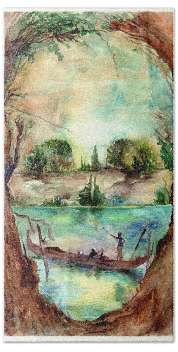 Skull Bath Towel featuring the painting Paysage with a boat by Suzann Sines