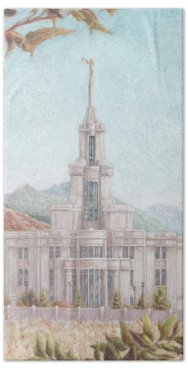 Lds Bath Towel featuring the drawing Payson UT LDS Temple by Pris Hardy