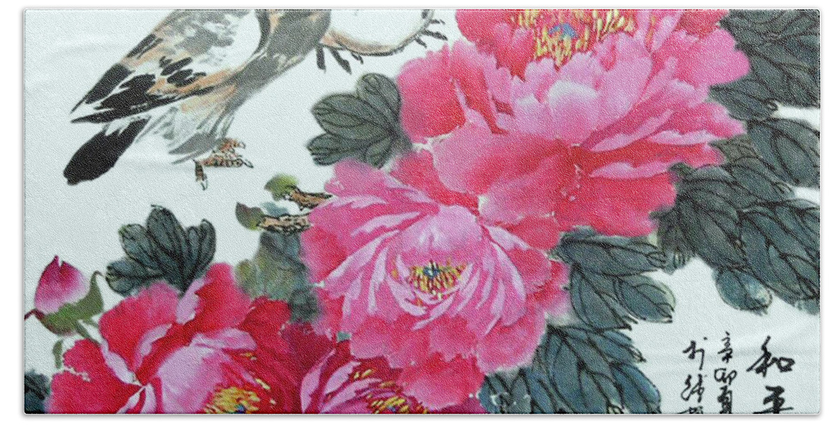 Red Peonies Bath Towel featuring the photograph Peace Flowers by Yufeng Wang