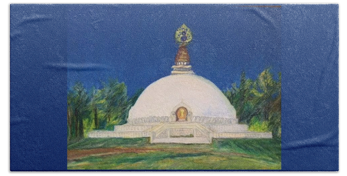 Peace Pagoda In Leverett Hand Towel featuring the pastel Peace Pagoda in Leverett, Massachusetts by Therese Legere