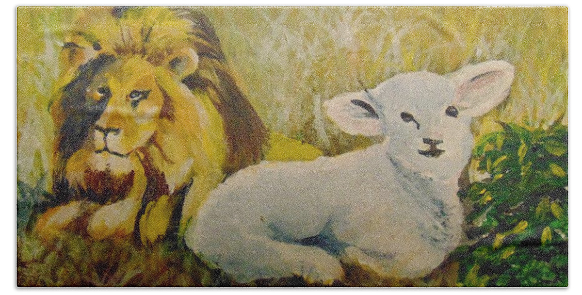 Lion Bath Towel featuring the painting Peace by Saundra Johnson