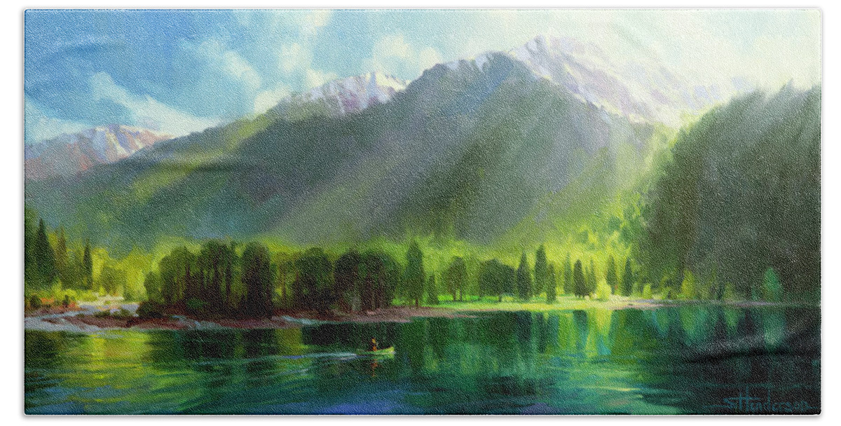 Mountains Bath Towel featuring the painting Peace by Steve Henderson
